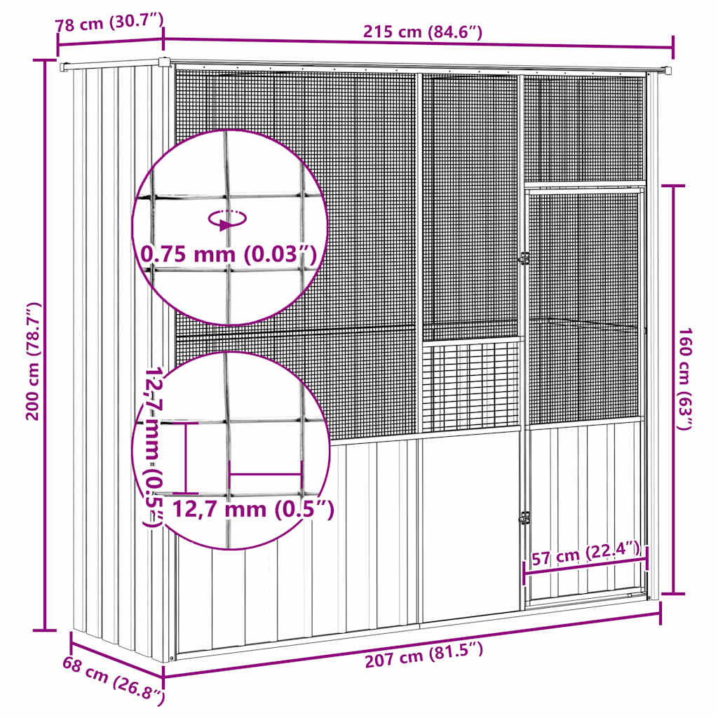Gabbia per Uccelli Antracite 215x78x200 cm in Acciaio Zincato