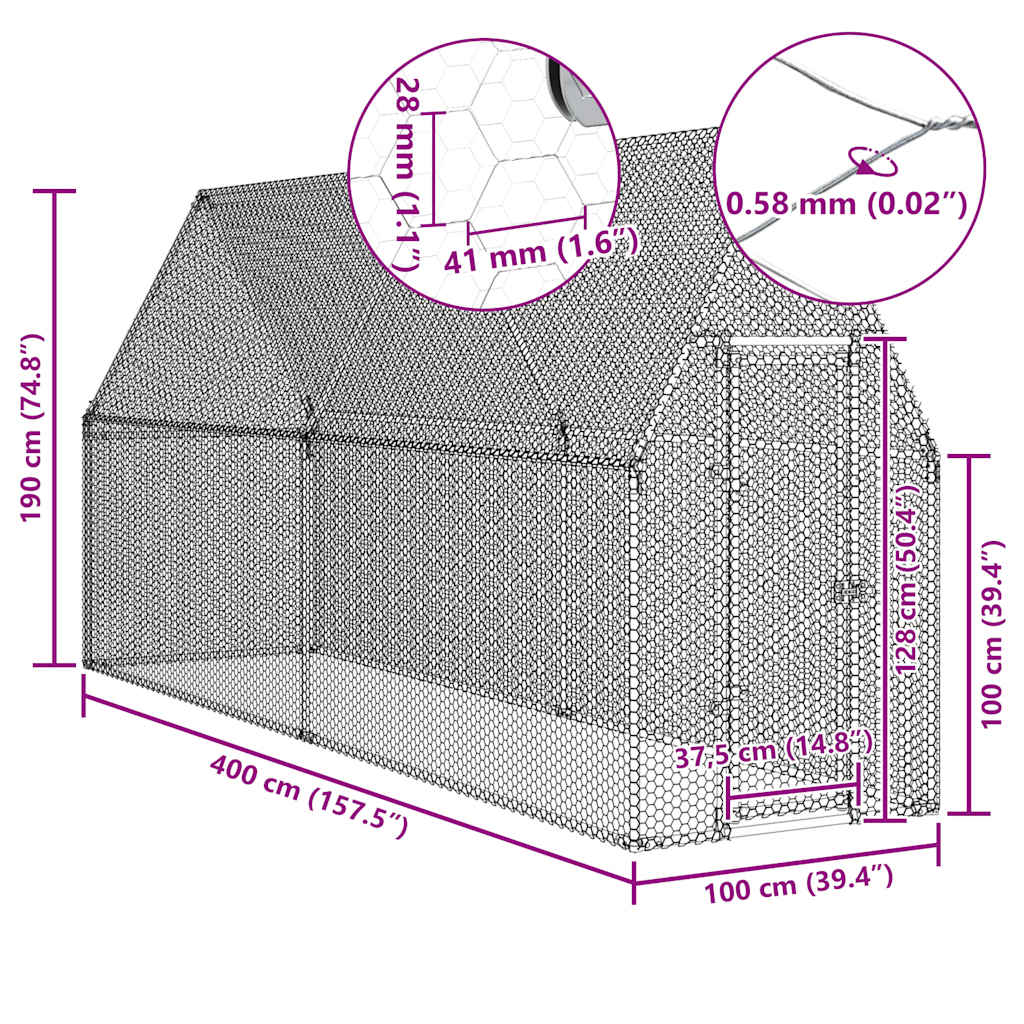 Gabbia per Polli Argento 400x100x190 cm in Acciaio Zincato