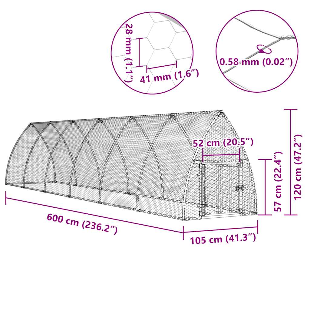 Gabbia per Polli Argento 600x105x120 cm in Acciaio Zincato