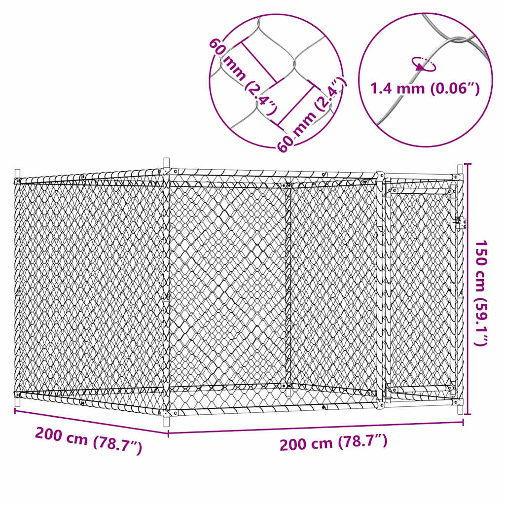 Gabbia per Cani con Porta Grigia 2x2x1,5 m in Acciaio Zincato