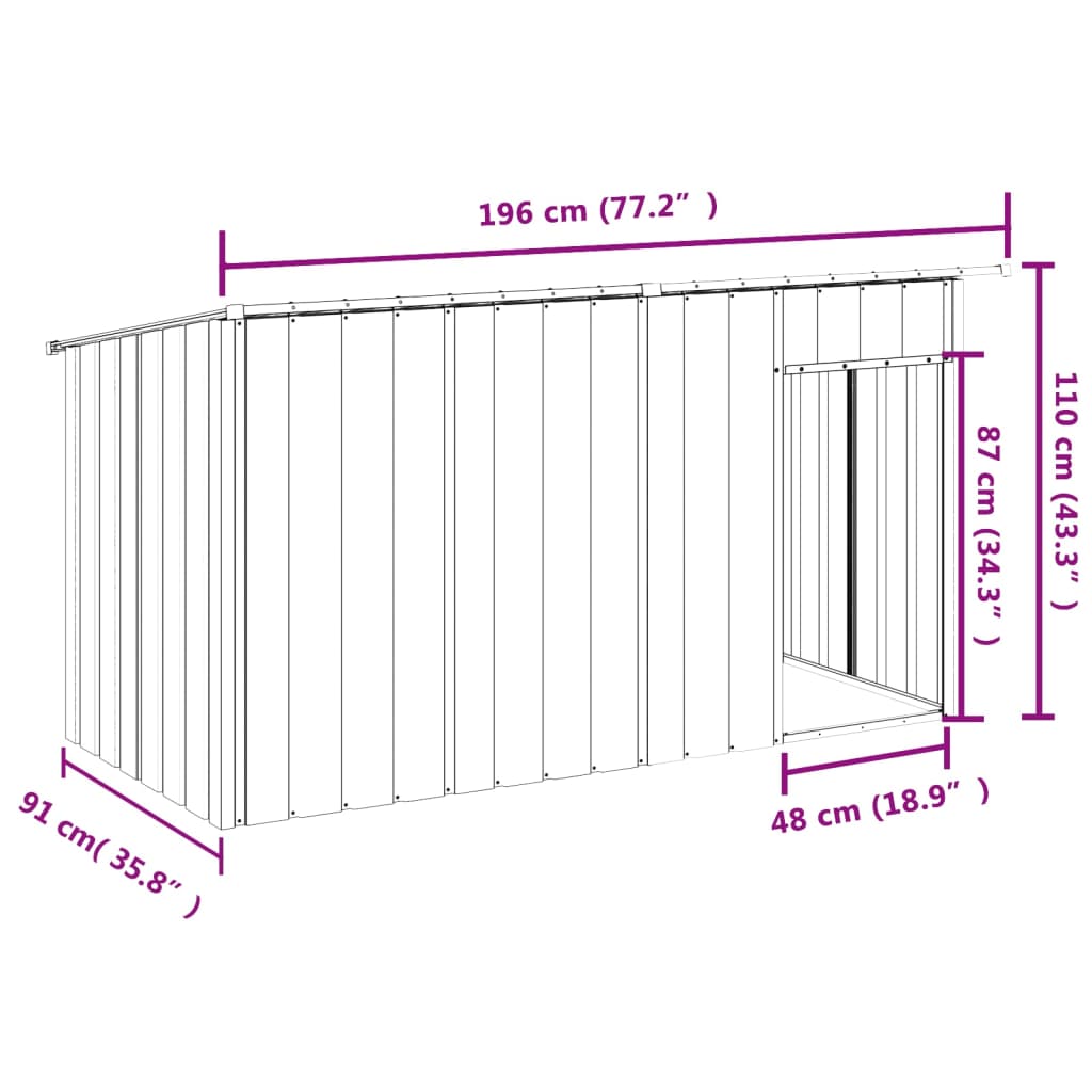 Casetta Cani con Tetto Antracite 196x91x110 cm Acciaio Zincato