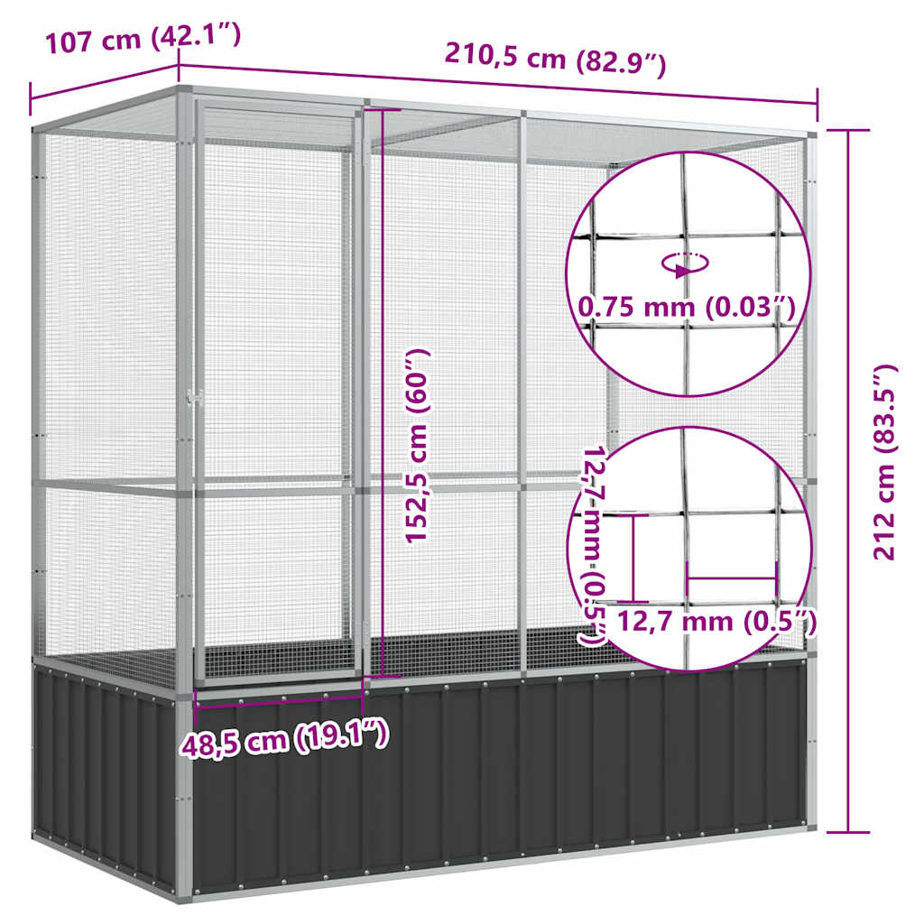 Voliera Argento 210,5x107x212 cm in Acciaio