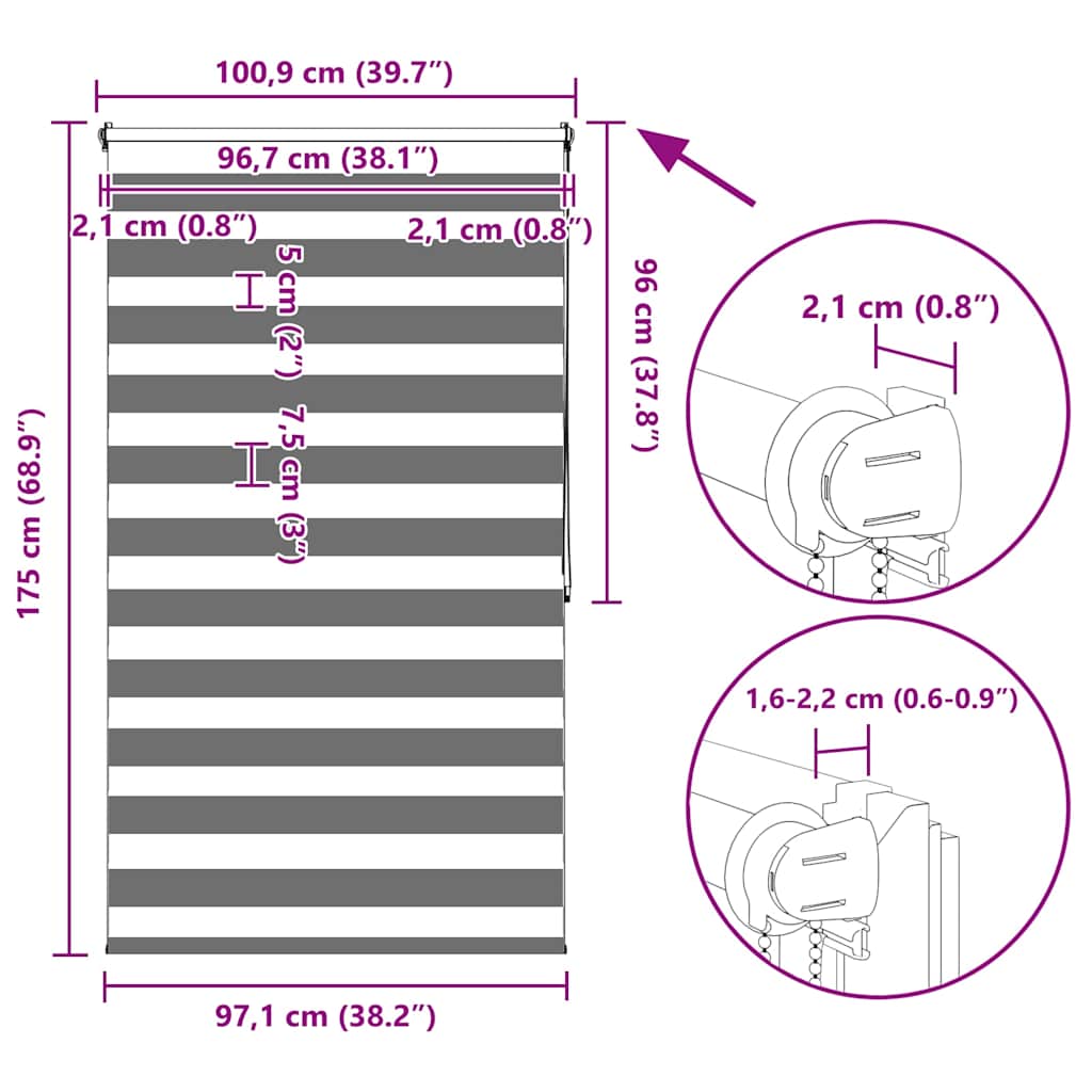 Tenda a rullo zebrata 100,9x175 cm Larghezza tessuto 96,7 cm caffè