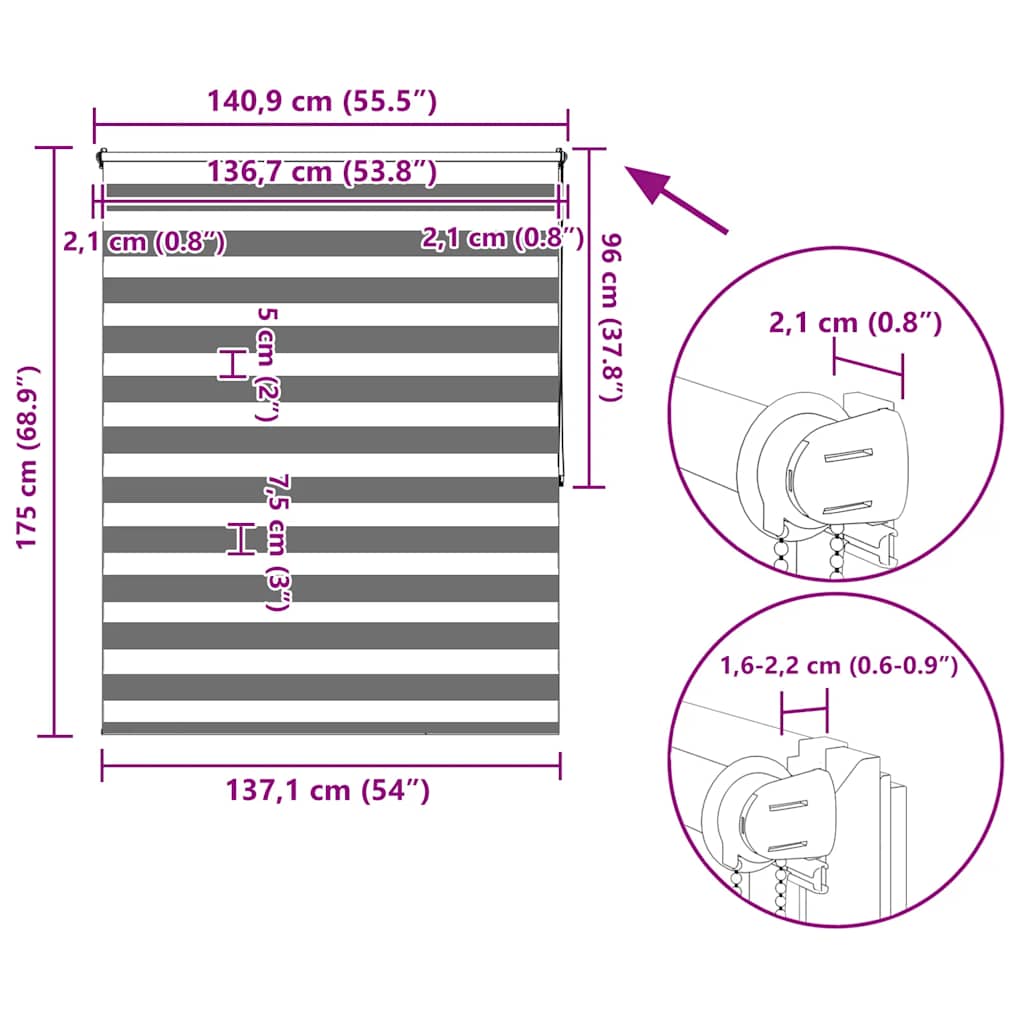 Tenda a rullo zebrata 140,9x175 cm Larghezza tessuto 136,7 cm caffè