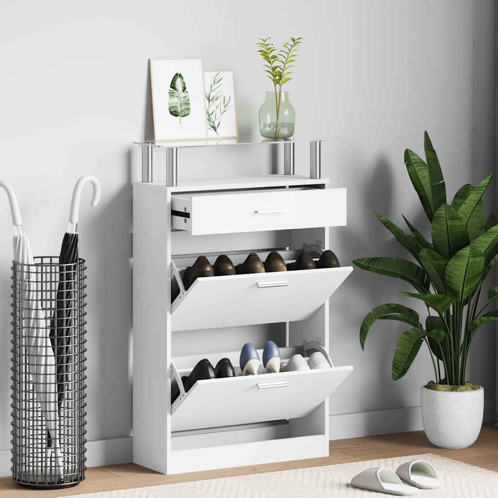 Scarpiera con Cassetto e Mensola Vetro Sopra in Legno Bianco