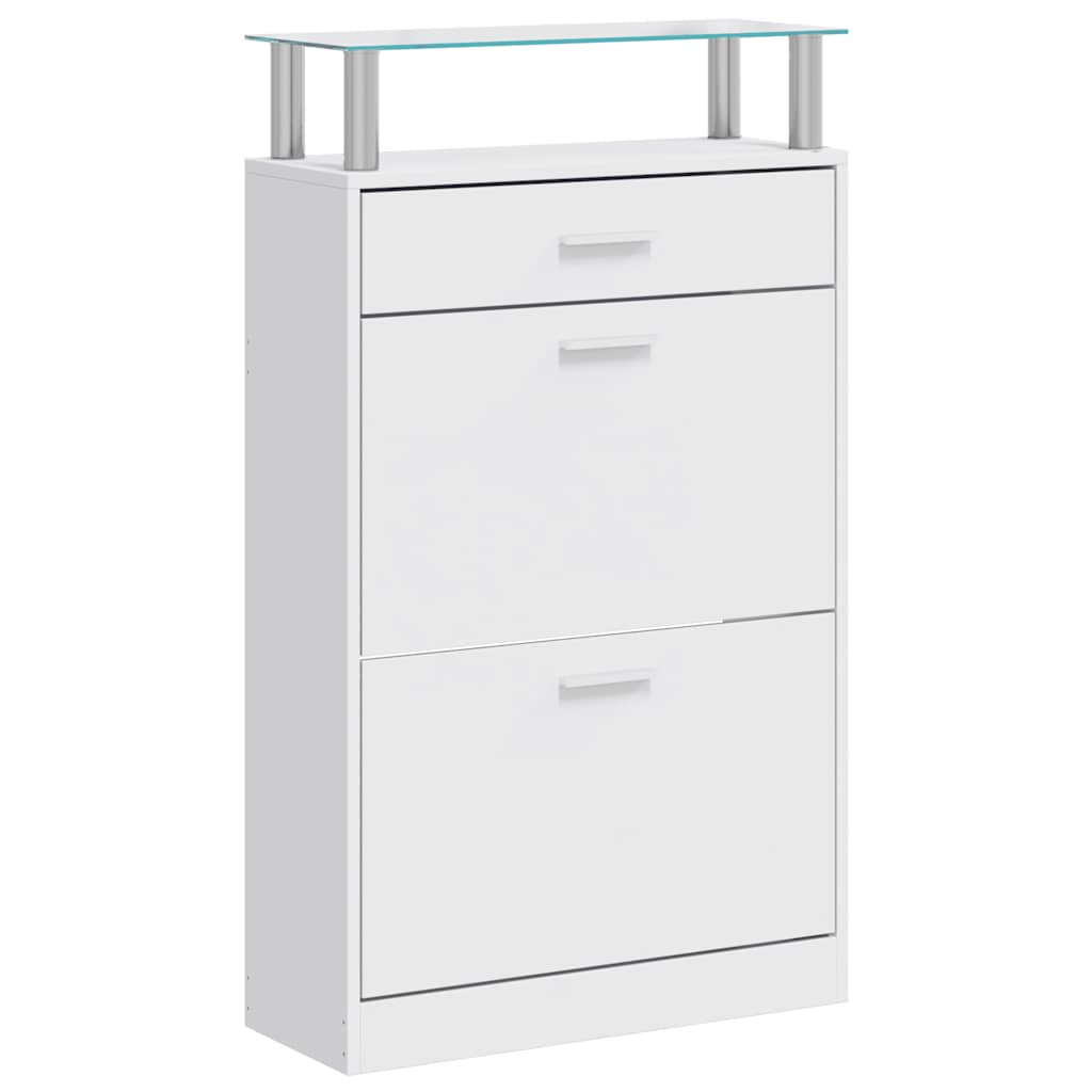 Scarpiera con Cassetto e Mensola Vetro Sopra in Legno Bianco