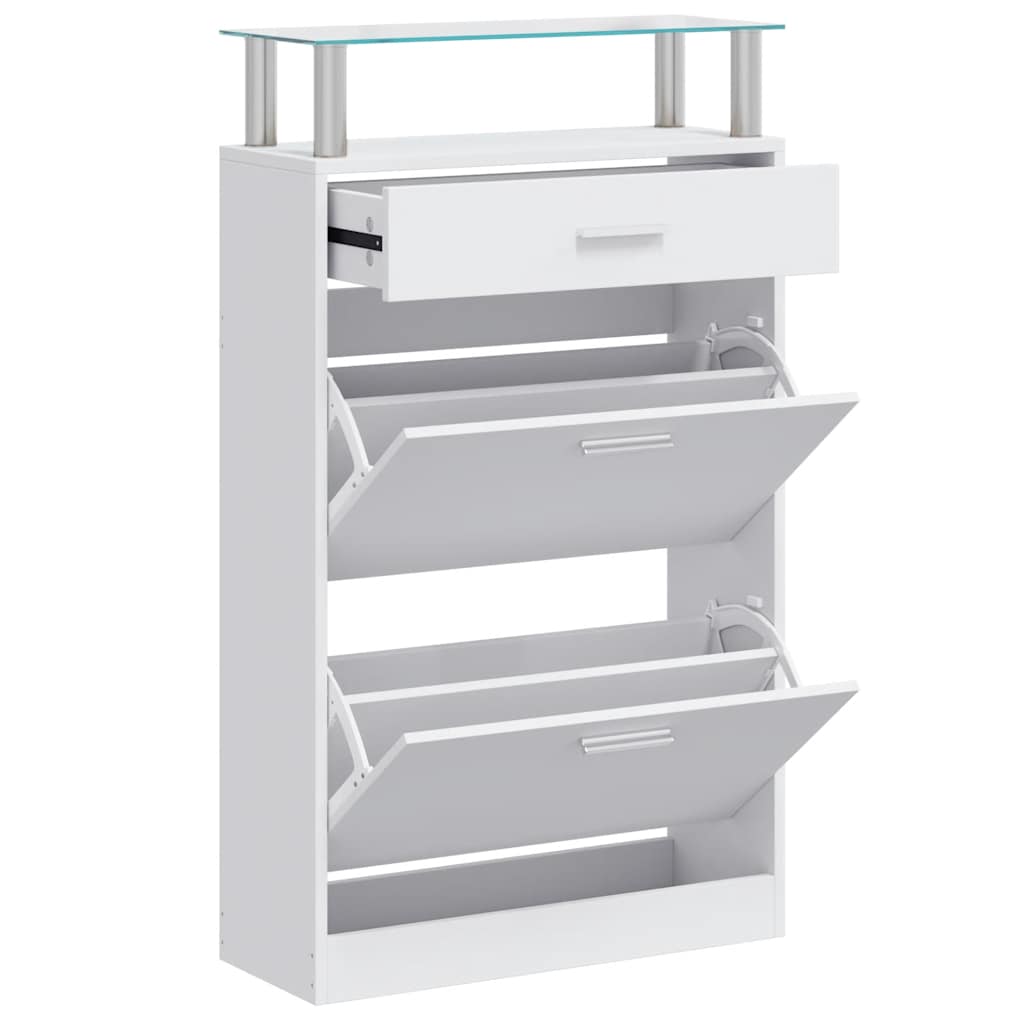 Scarpiera con Cassetto e Mensola Vetro Sopra in Legno Bianco