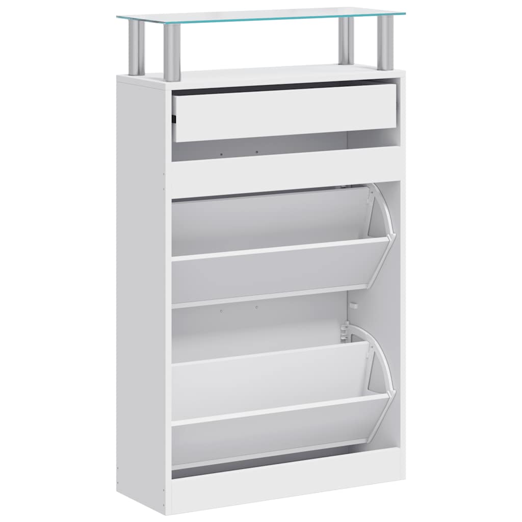 Scarpiera con Cassetto e Mensola Vetro Sopra in Legno Bianco