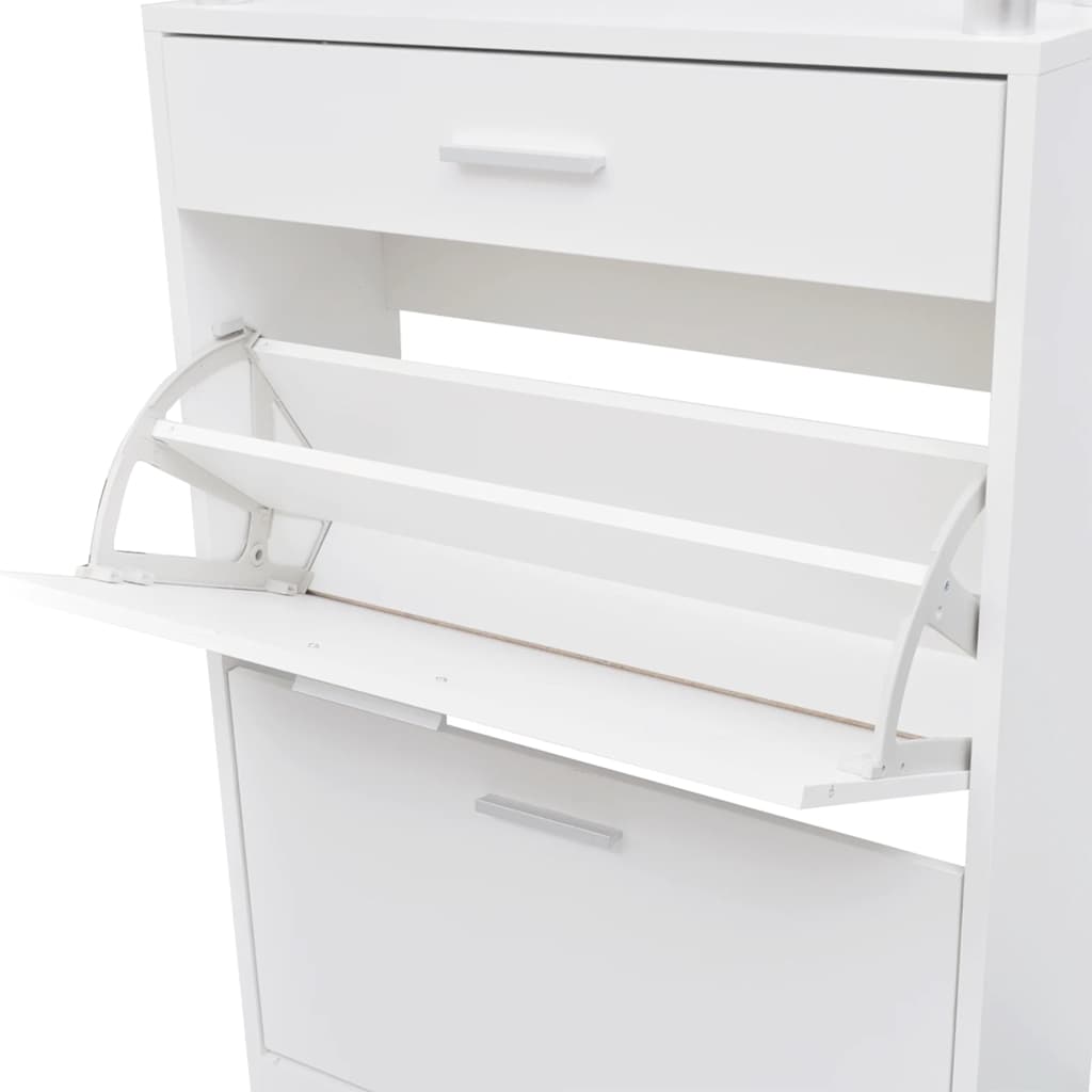 Scarpiera con Cassetto e Mensola Vetro Sopra in Legno Bianco