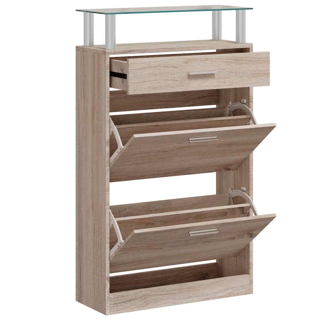 Scarpiera con 1 Cassetto e Mensola Vetro Sopra in Legno Rovere