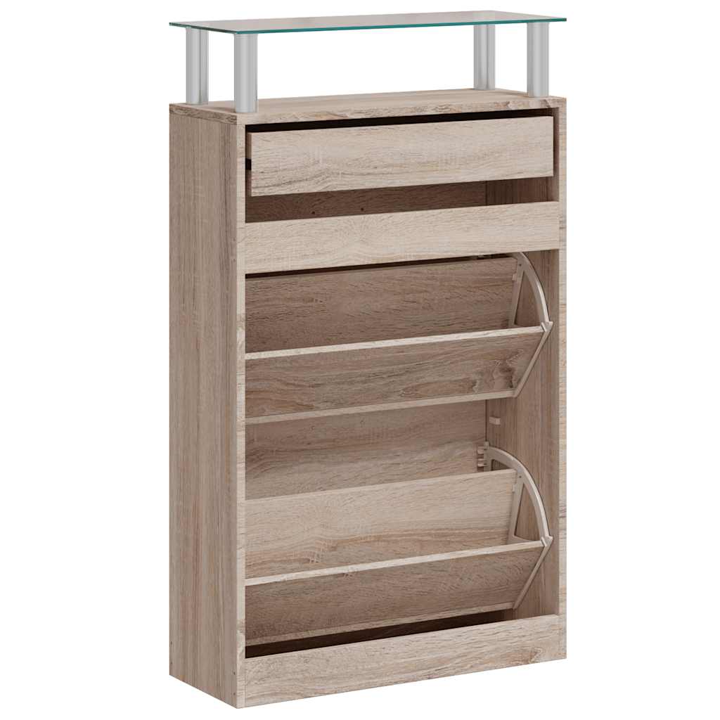 Scarpiera con 1 Cassetto e Mensola Vetro Sopra in Legno Rovere