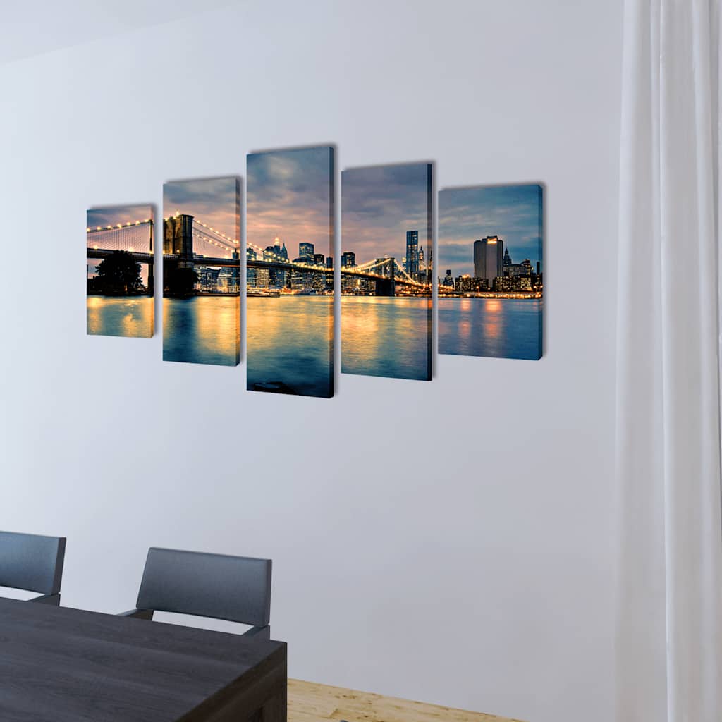 5 pz Set Stampa su Tela da Muro Vista sul Ponte di Brooklyn 100 x 50cm