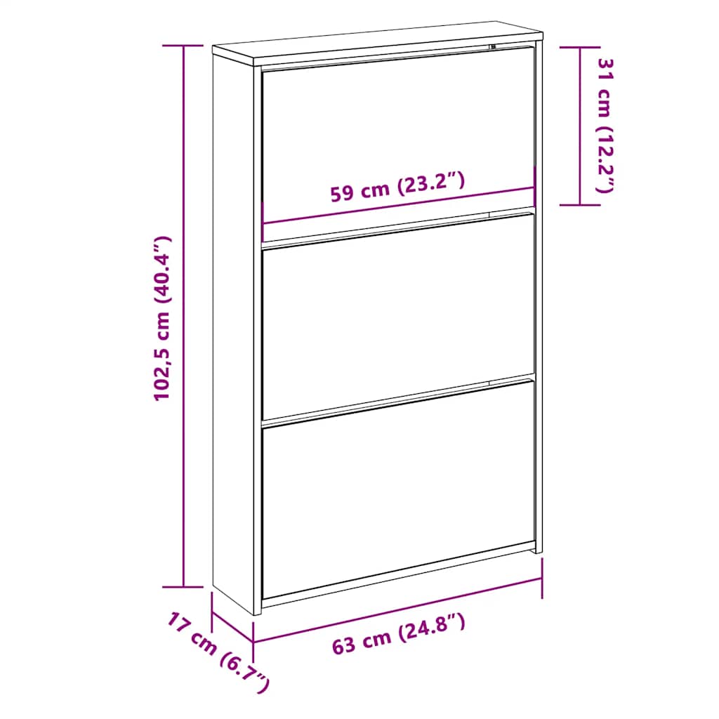 Scarpiera con 3 Ripiani e Specchio Colore Rovere 63x17x102,5 cm