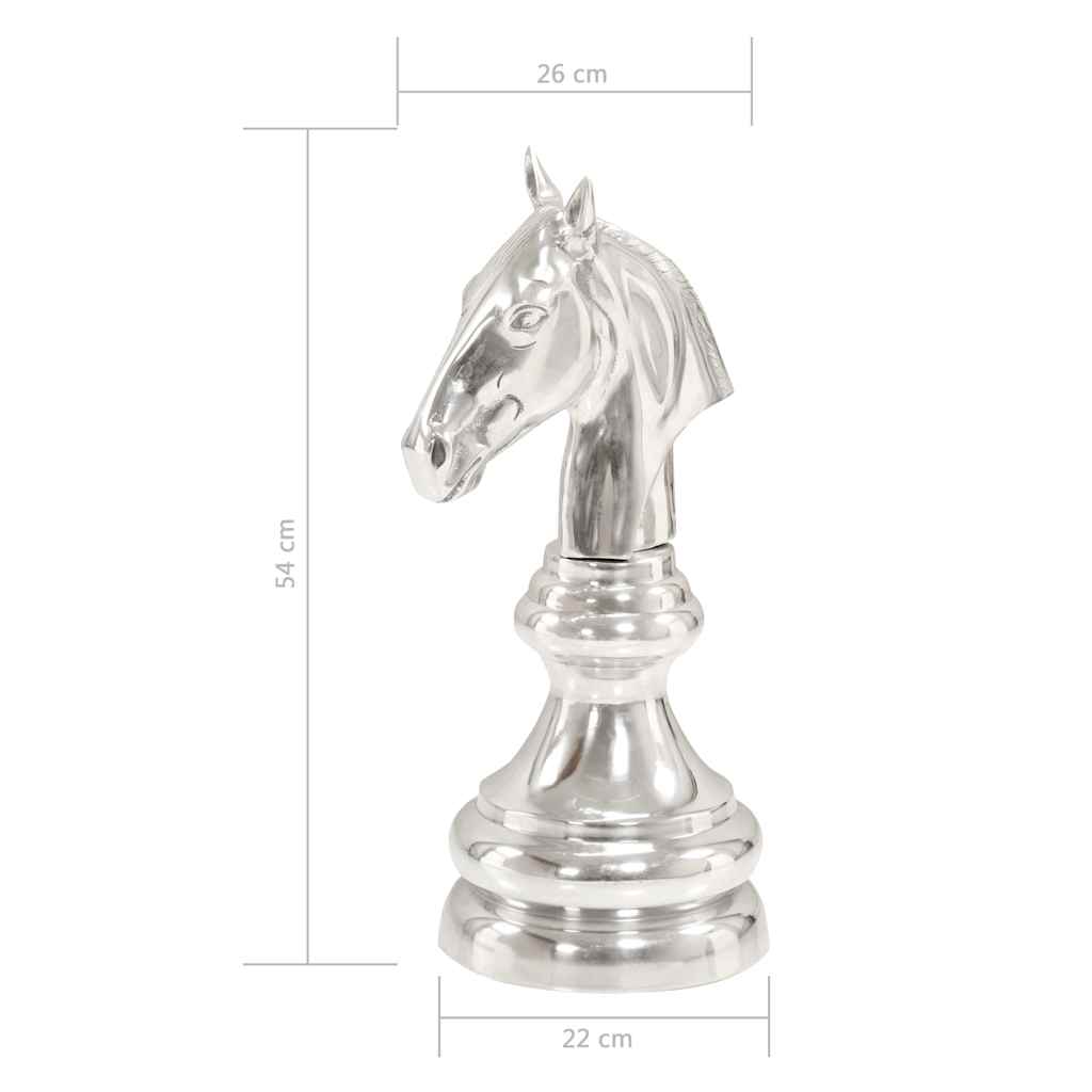 Scultura Cavallo Scacchi in Alluminio Massiccio 54 cm Argento