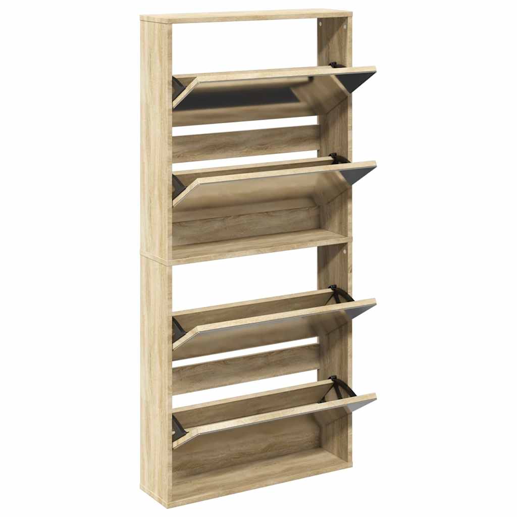 Scarpiera a 4 Strati con Specchio Rovere 63x17x134 cm