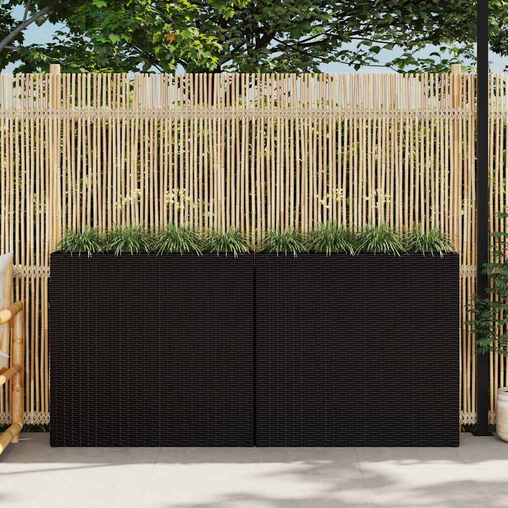 Letti Rialzati da Giardino con 4 Vasi 2 pz in Polyrattan Nero