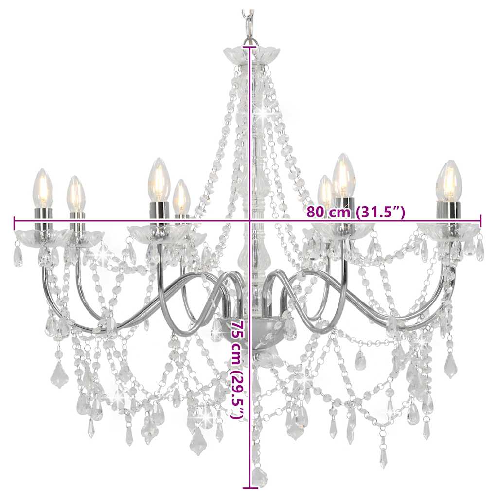 Lampadario con Perline Argento 8 Lampadine E14