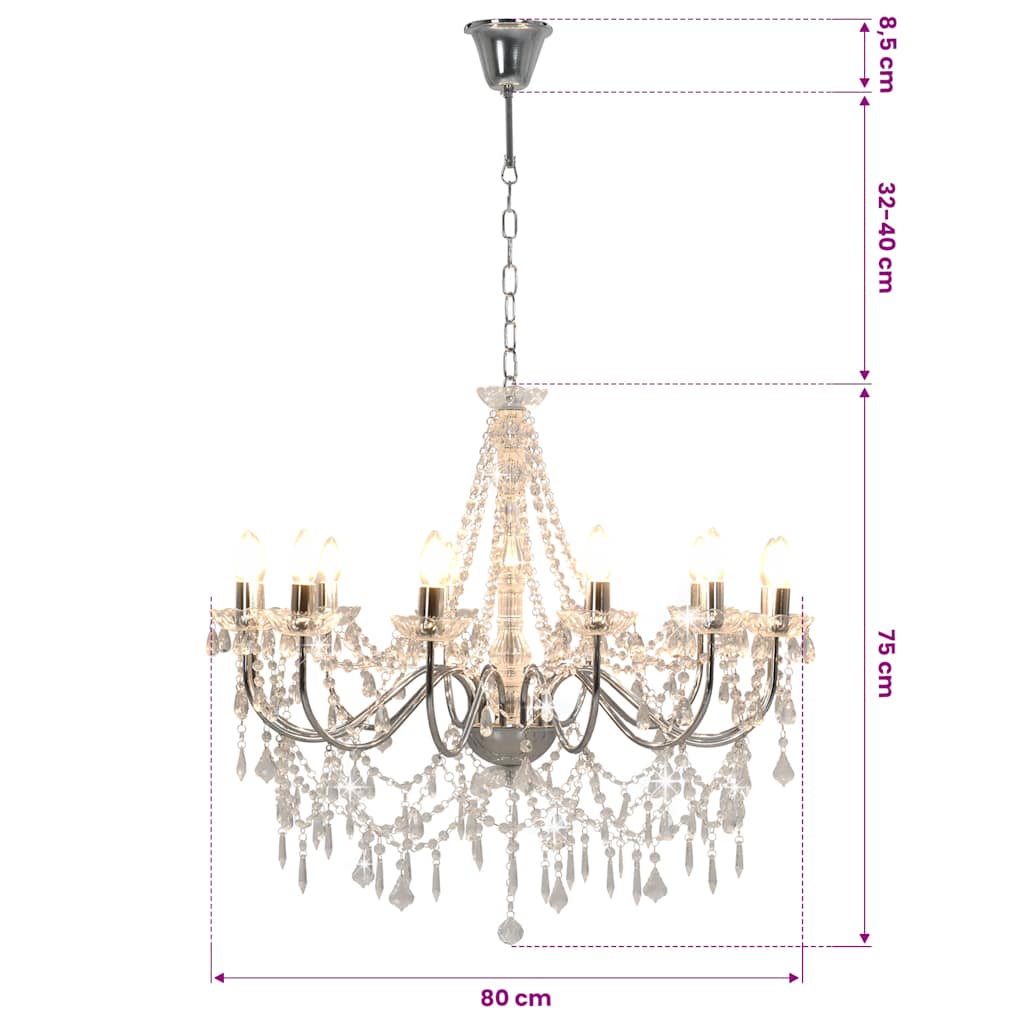 Lampadario con Perline Argento 12 Lampadine E14