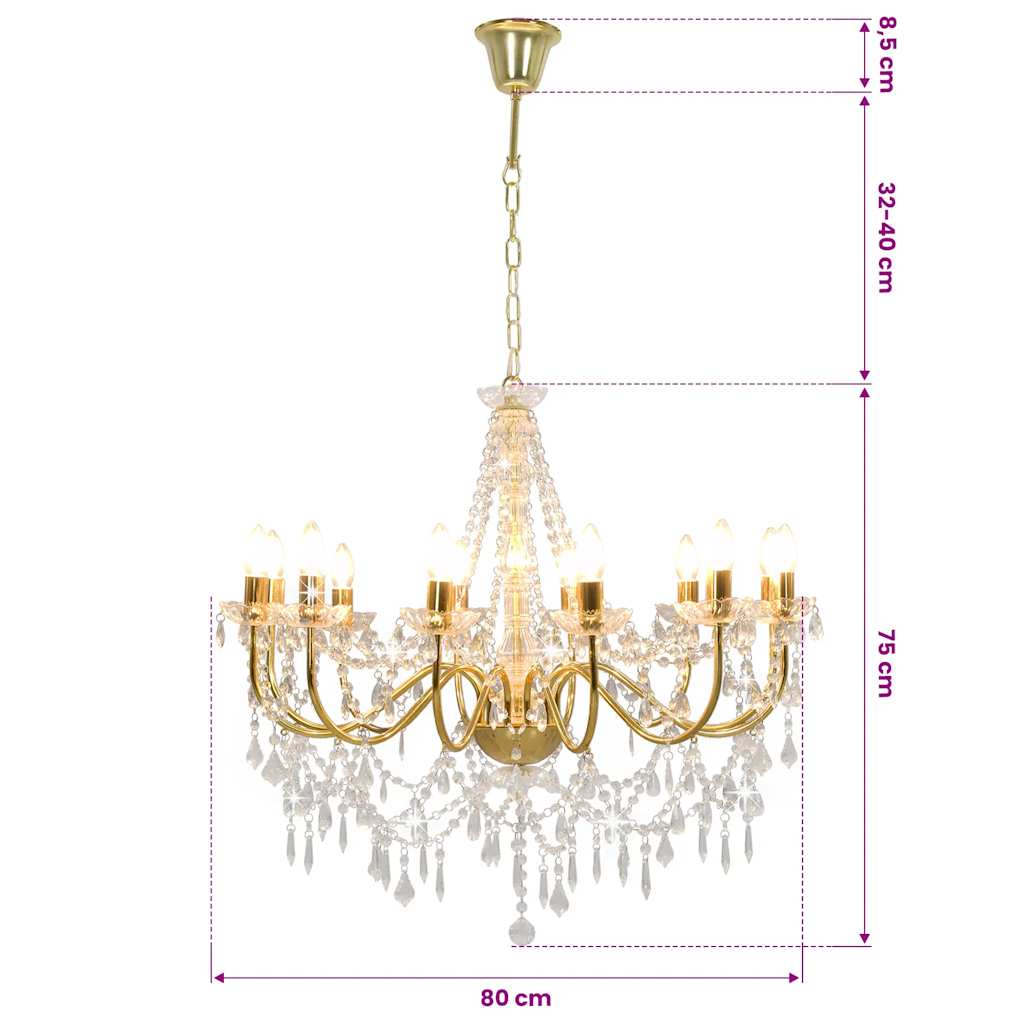 Lampadario con Perline Dorato 12 Lampadine E14