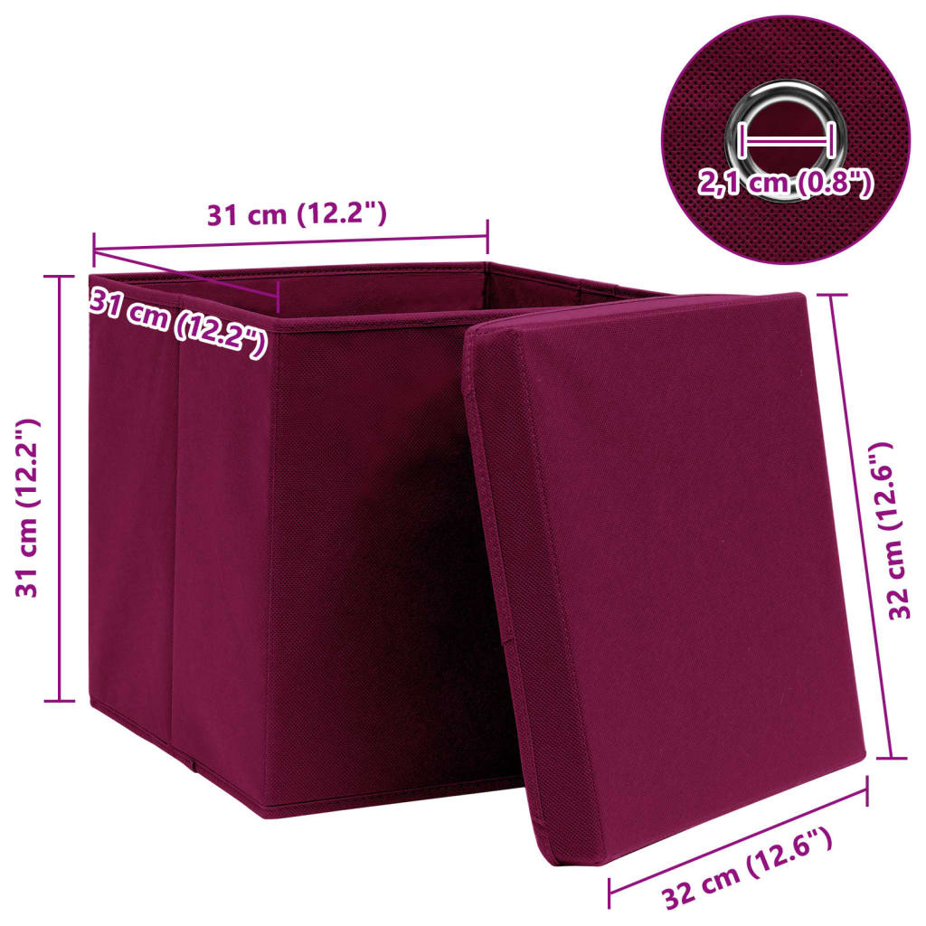 Scatole con Coperchi 10 pz Rosso Scuro 32x32x32 cm Tessuto