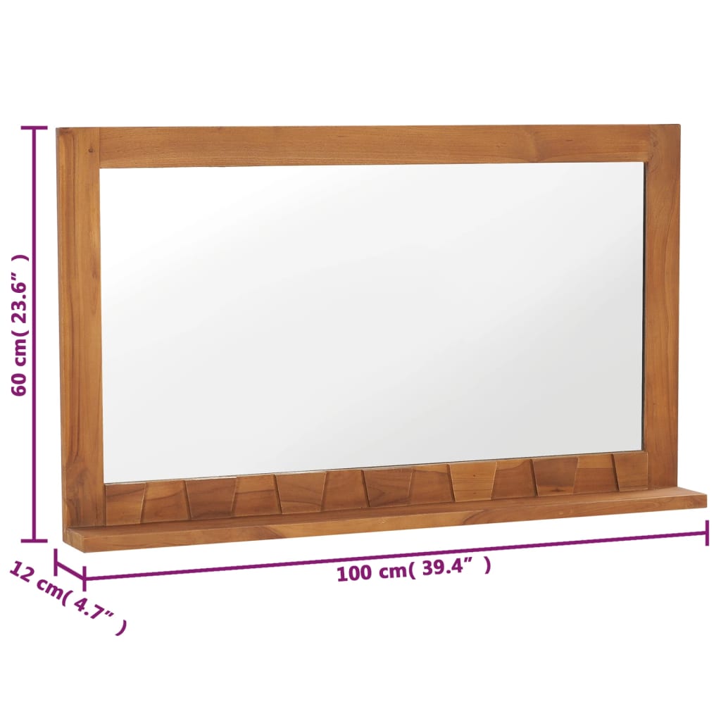 Specchio da Parete con Mensola 100x12x60 cm in Massello di Teak