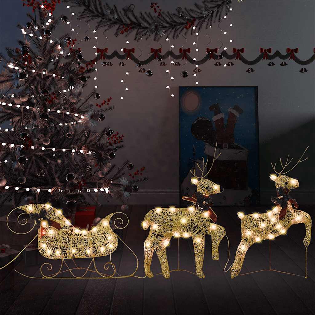 Renne e Slitta di Natale Decorazione per Esterni 60 LED Oro
