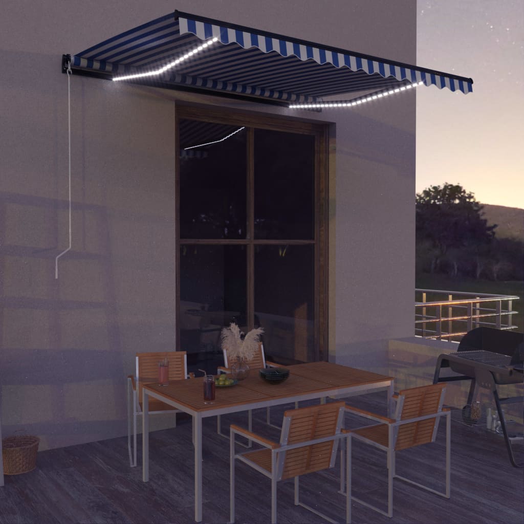 Tenda da Sole Retrattile Manuale e LED 400x300cm Blu e Bianco