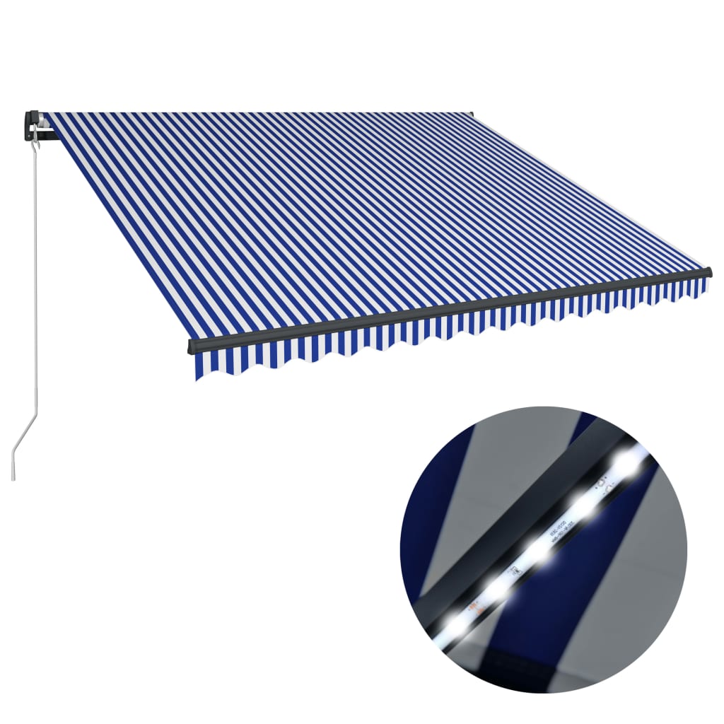 Tenda da Sole Retrattile Manuale e LED 400x300cm Blu e Bianco