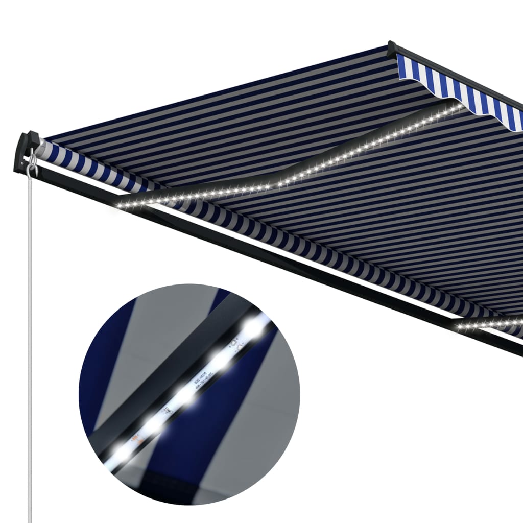 Tenda da Sole Retrattile Manuale e LED 400x300cm Blu e Bianco