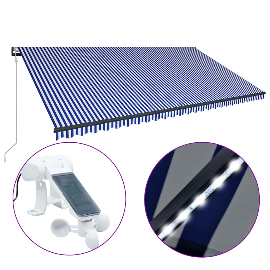 Tenda con Sensore Vento e LED 600x300 cm Blu e Bianca