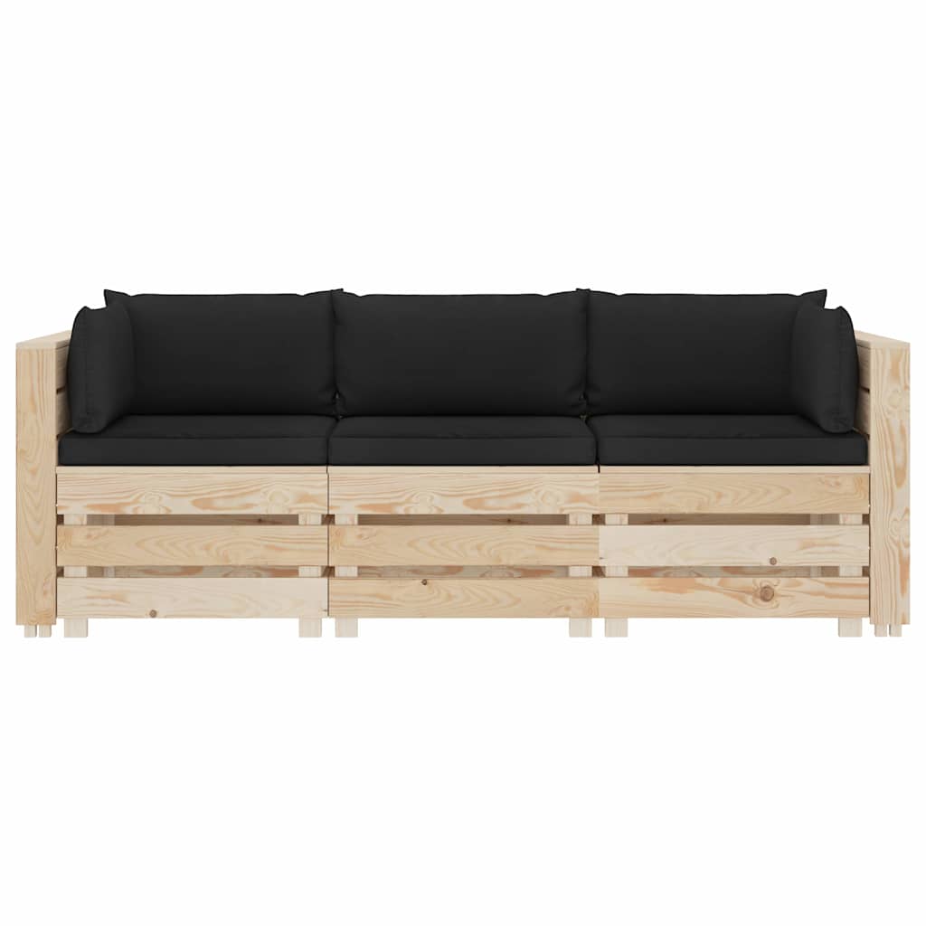 Divano da Giardino in Pallet 3 Posti con Cuscini Nero in Legno