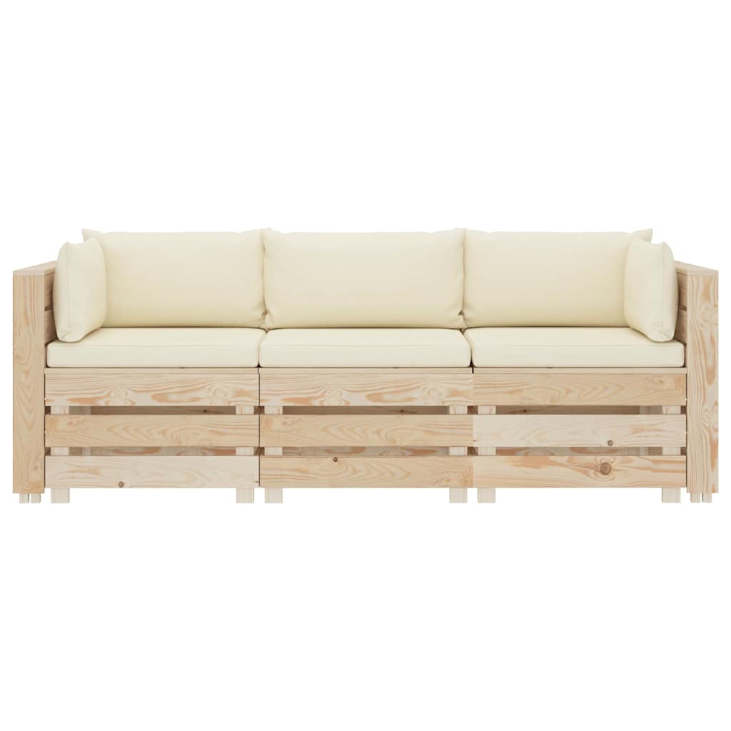 Divano da Giardino in Pallet 3 Posti con Cuscini Crema in Legno