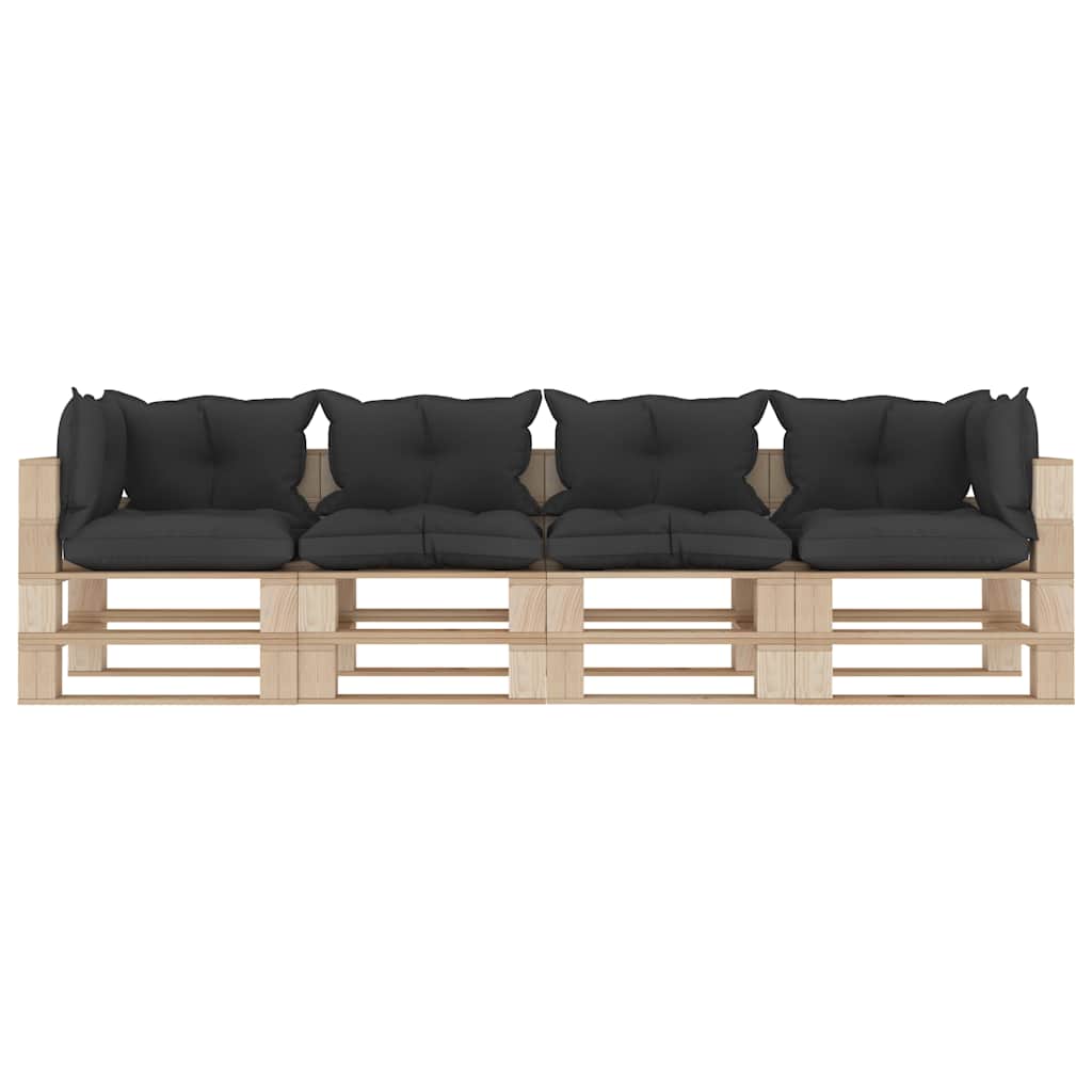 Divano da Giardino in Pallet 4 Posti con Cuscini Neri in Legno