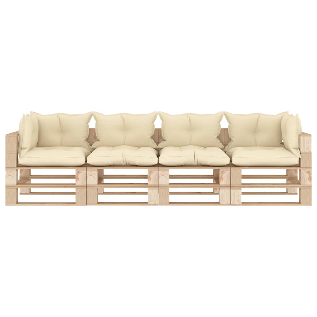 Divano da Giardino in Pallet 4 Posti con Cuscini Crema in Legno