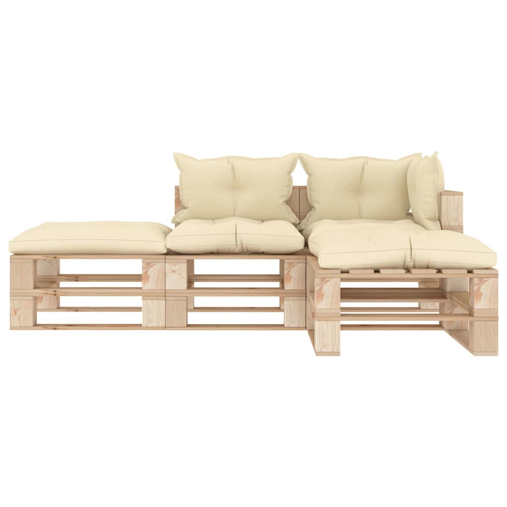 Set Divani da Giardino Pallet 4 pz con Cuscini Crema in Legno