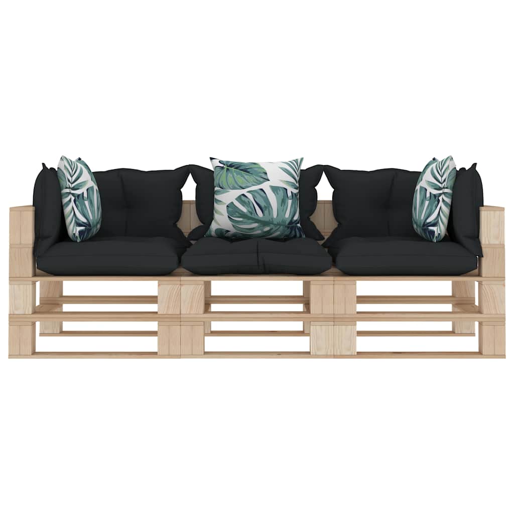Divano a Pallet 3 Posti con Cuscini Antracite e Fiori in Legno