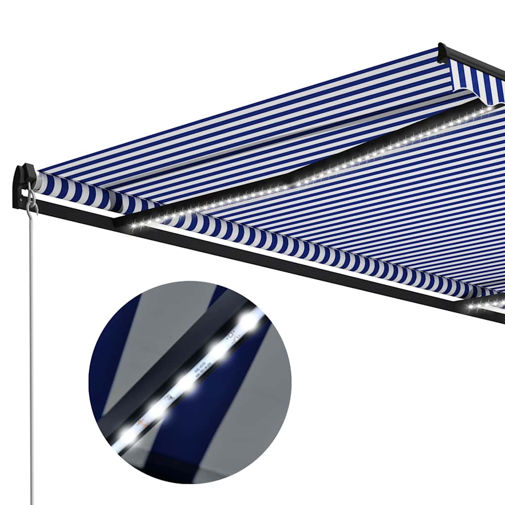 Tenda da Sole Retrattile Manuale con LED 450x300cm Blu e Bianco