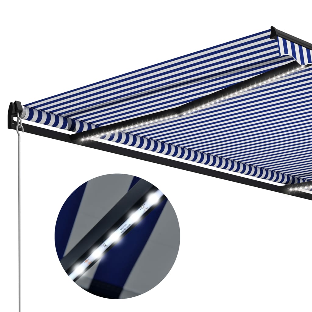 Tenda da Sole Retrattile Manuale con LED 600x300cm Blu e Bianco