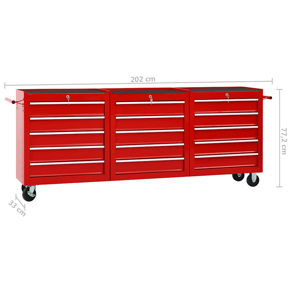 Carrello Portautensili con 15 Cassetti in Acciaio Rosso