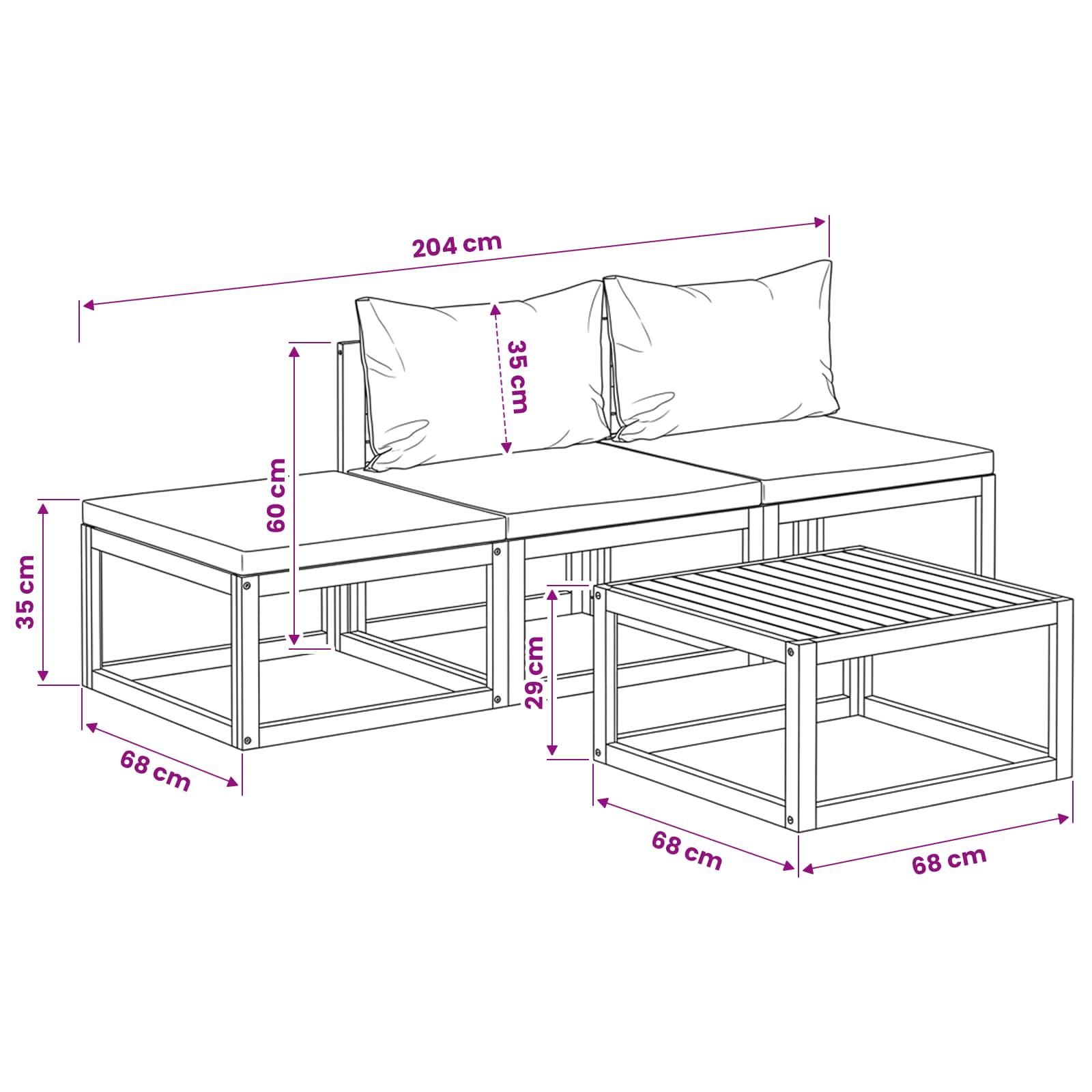 Set Divani da Giardino 4 pz con Cuscini in Massello di Acacia