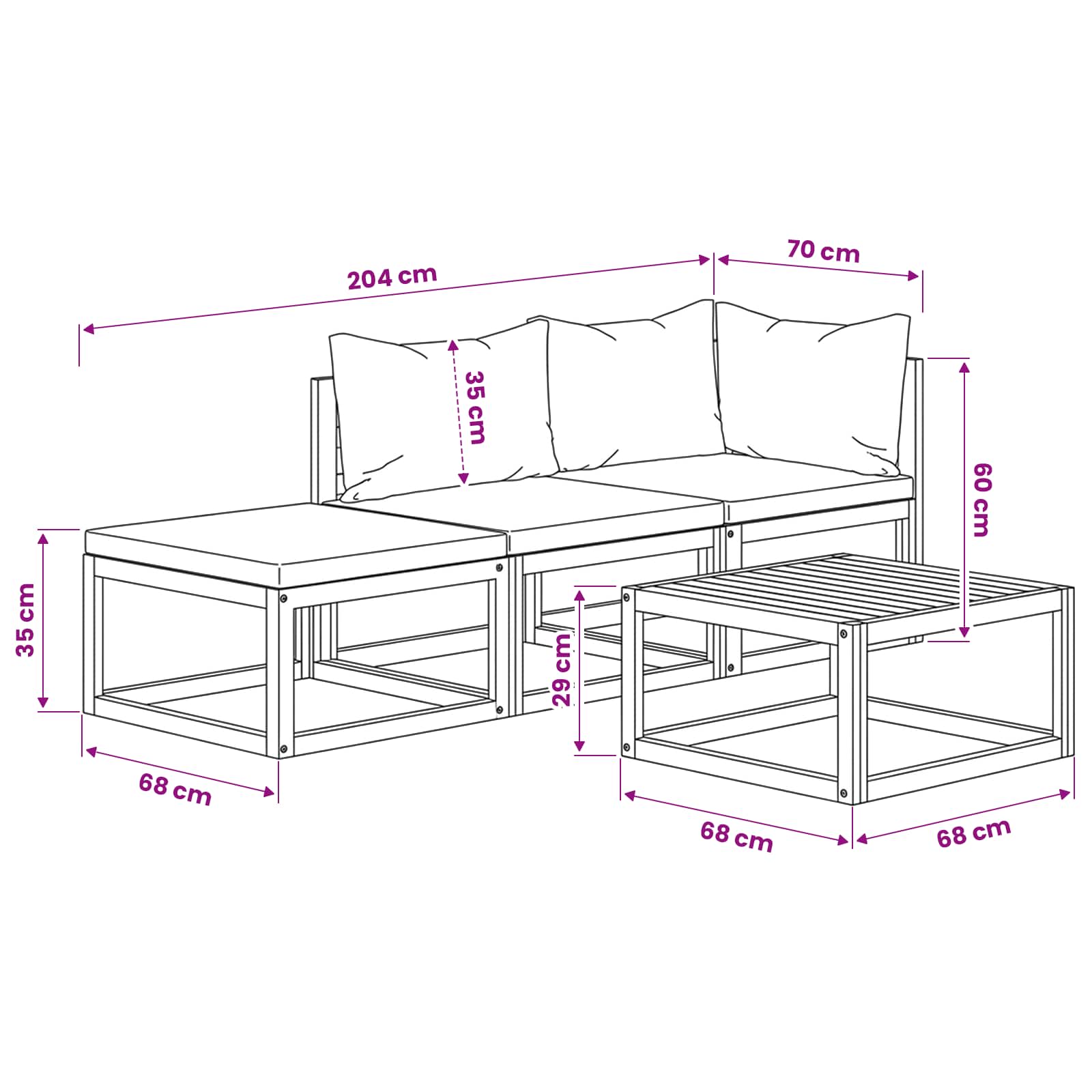 Set Divani da Giardino 4 pz con Cuscini in Massello di Acacia