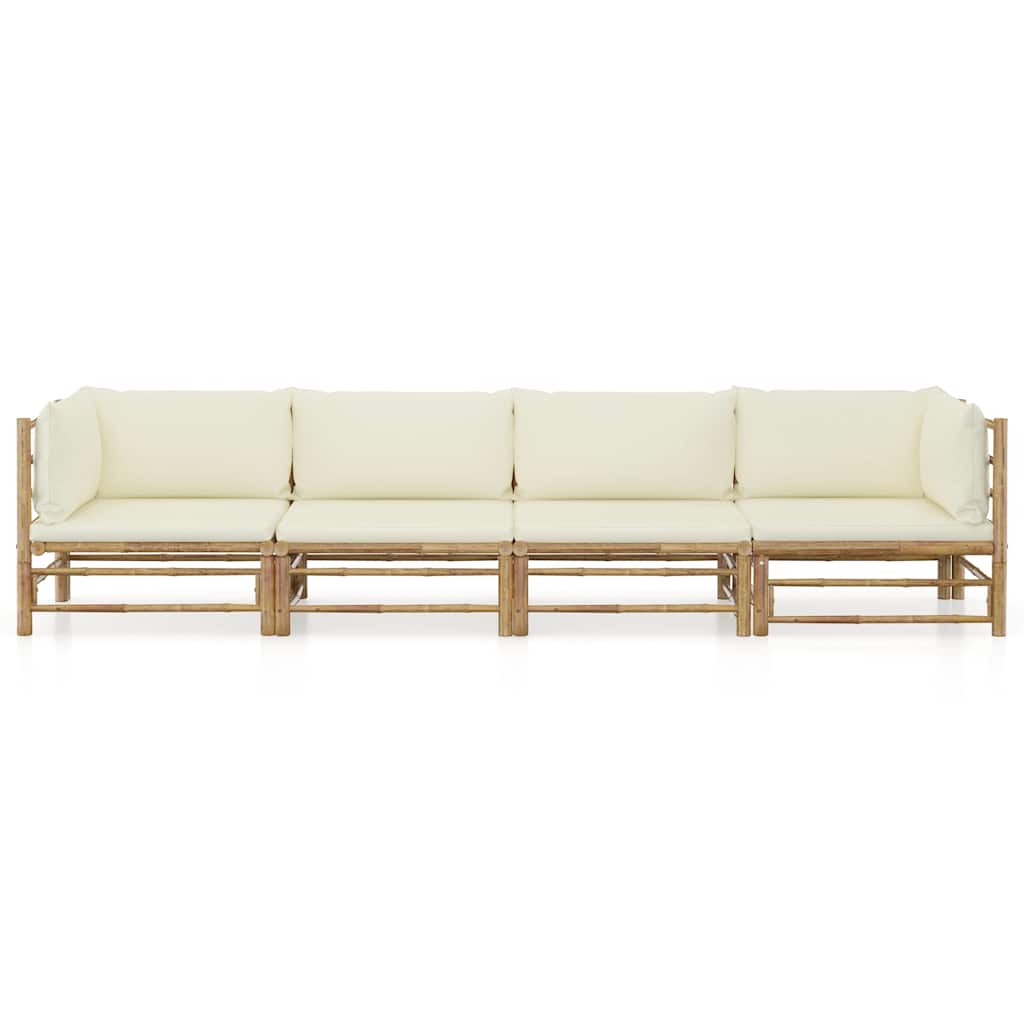 Set Divani da Giardino 4 pz con Cuscini Bianco Crema in Bambù