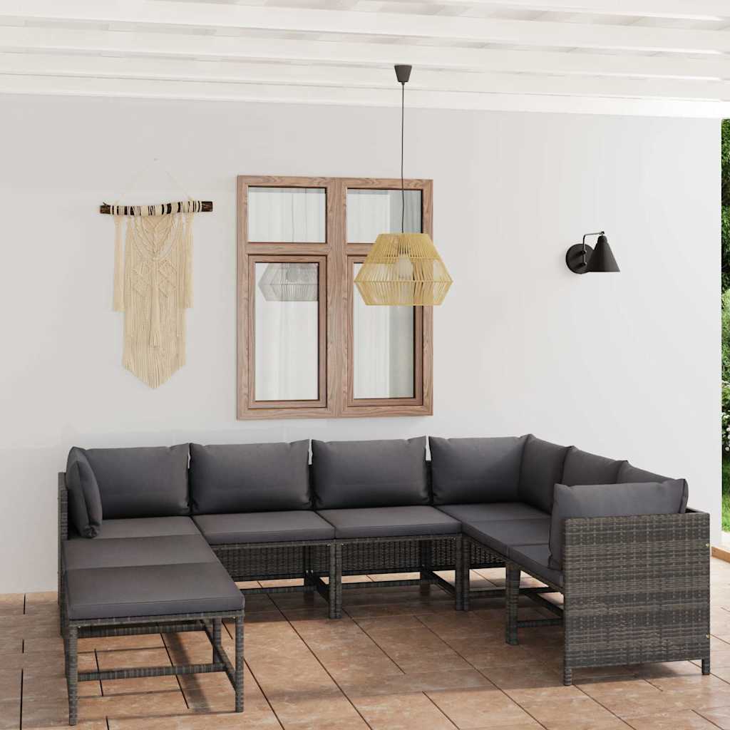 Set Divani da Giardino 8 pz con Cuscini in Polyrattan Grigio