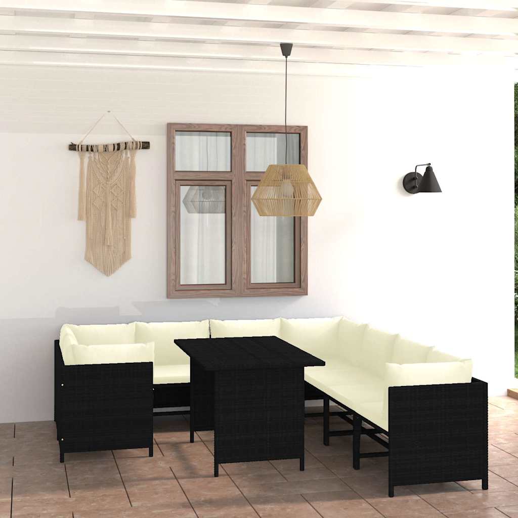 Set Divani da Giardino 9 pz con Cuscini in Polyrattan Nero