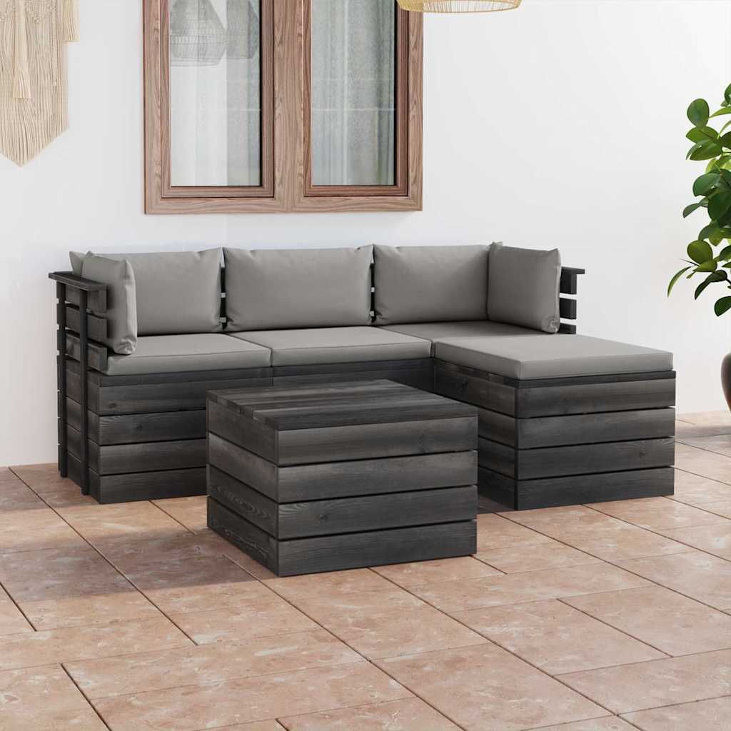 Set Divani da Giardino su Pallet 5 pz con Cuscini Massello Pino
