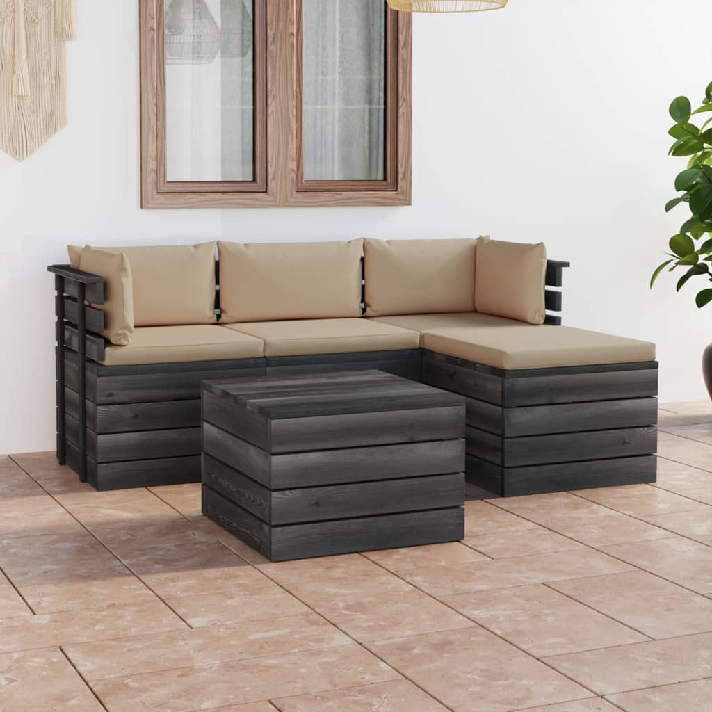 Set Divani da Giardino su Pallet 5 pz con Cuscini Massello Pino