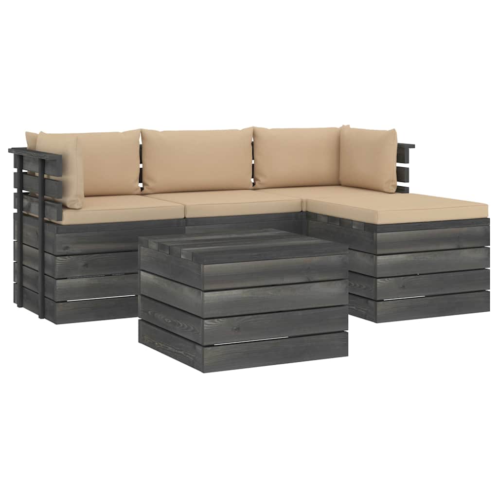 Set Divani da Giardino su Pallet 5 pz con Cuscini Massello Pino