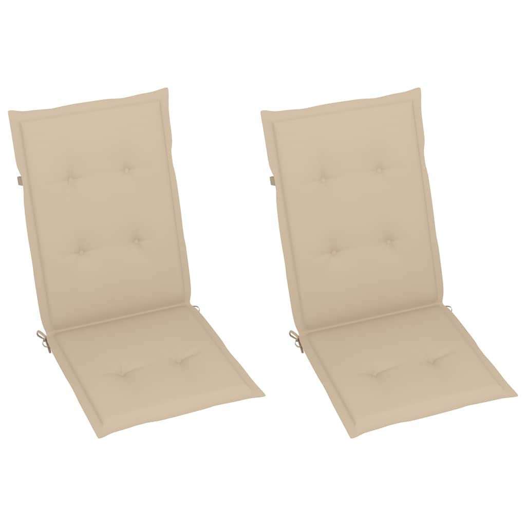Sedie pieghevoli, 2 pezzi, con cuscini beige, in legno massello di teak.
