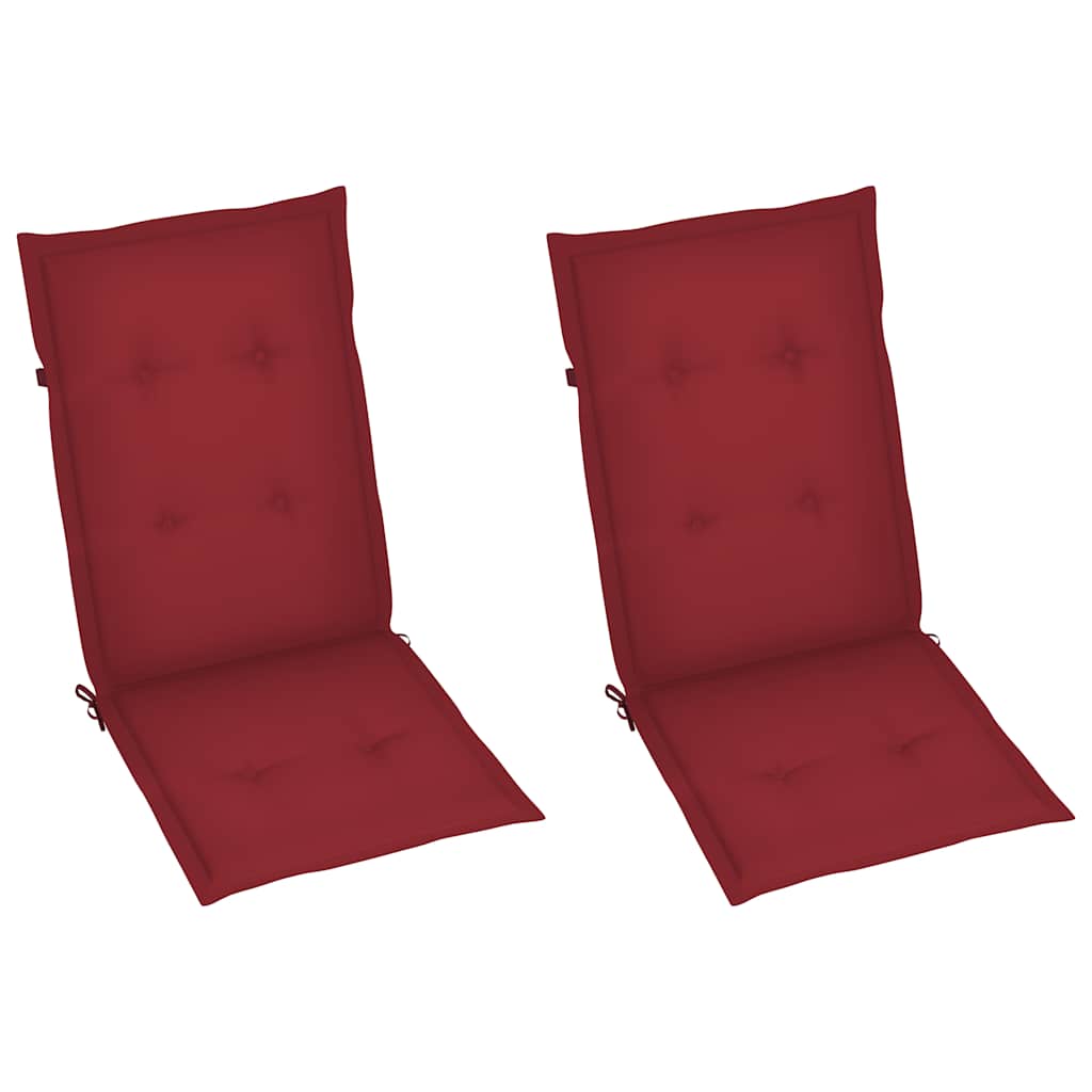 Sedie pieghevoli, 2 pezzi, con cuscini color rosso vino, in legno massello di teak.