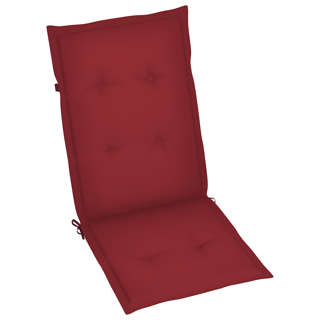 Sedie pieghevoli, 2 pezzi, con cuscini color rosso vino, in legno massello di teak.